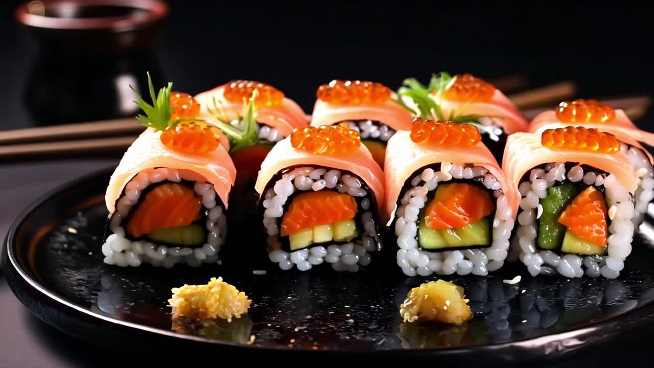 Uramaki are a medium sized cylindrical piece of sushi with two or more fillings, with rice on the outside and nori seaweed wrapping around the filling, usually containing fish or vegetables