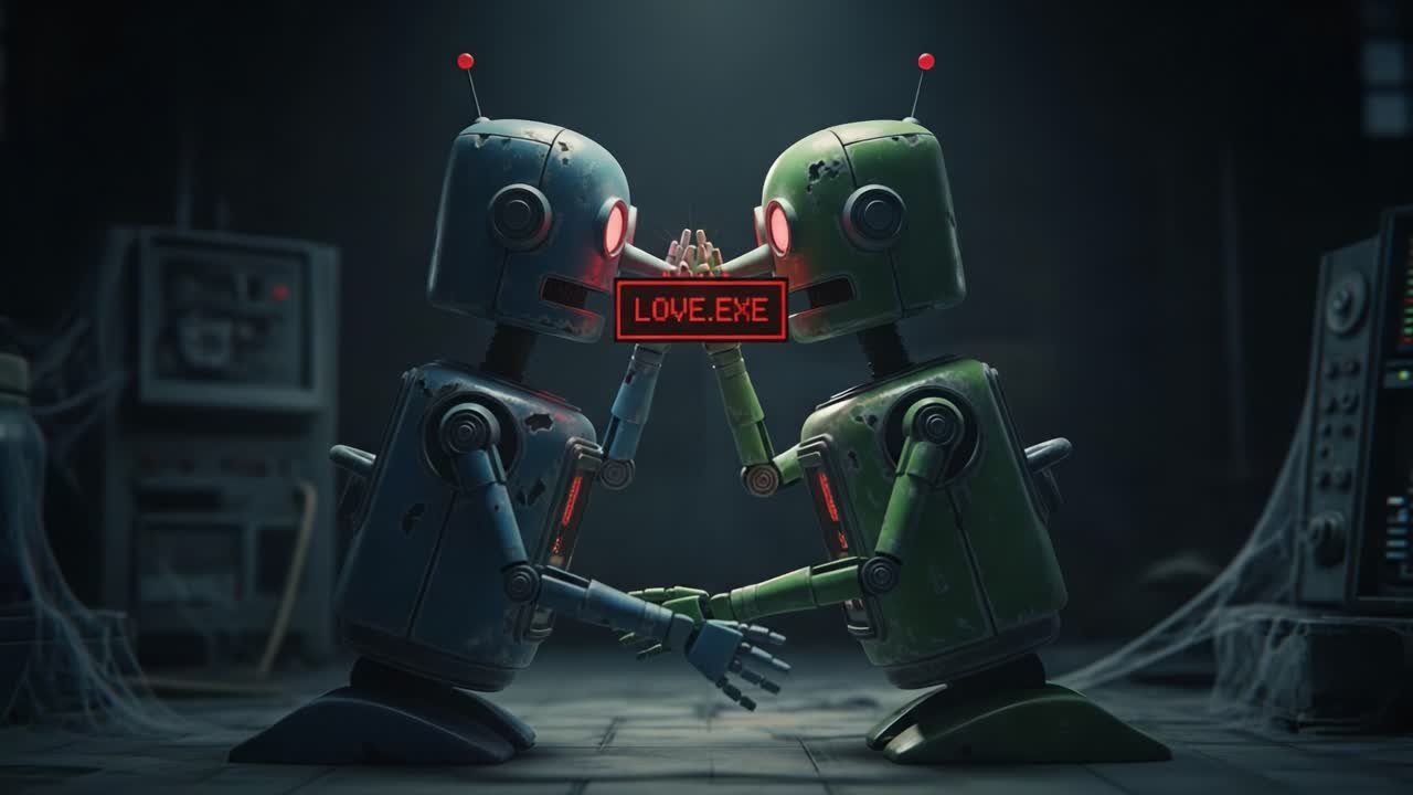 A Heartwarming Encounter Between Two Robots, Titled 'LOVE.EXE', Exploring the Intersection of Technology and Emotions in a Dark, Retro Futuristic Setting