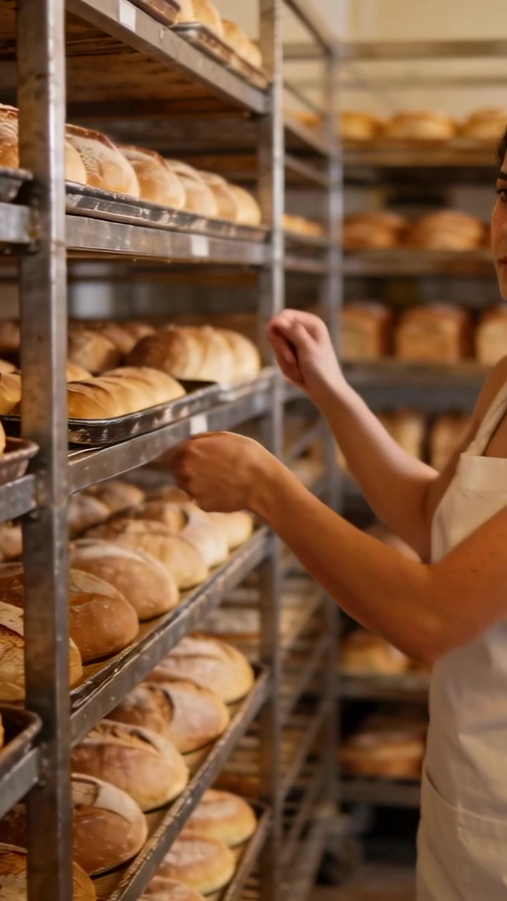 Video verticale: Panettiere in grembiule che si allunga e tira un vassoio dagli scaffali della panetteria, sistemando il pane, spazio per il testo