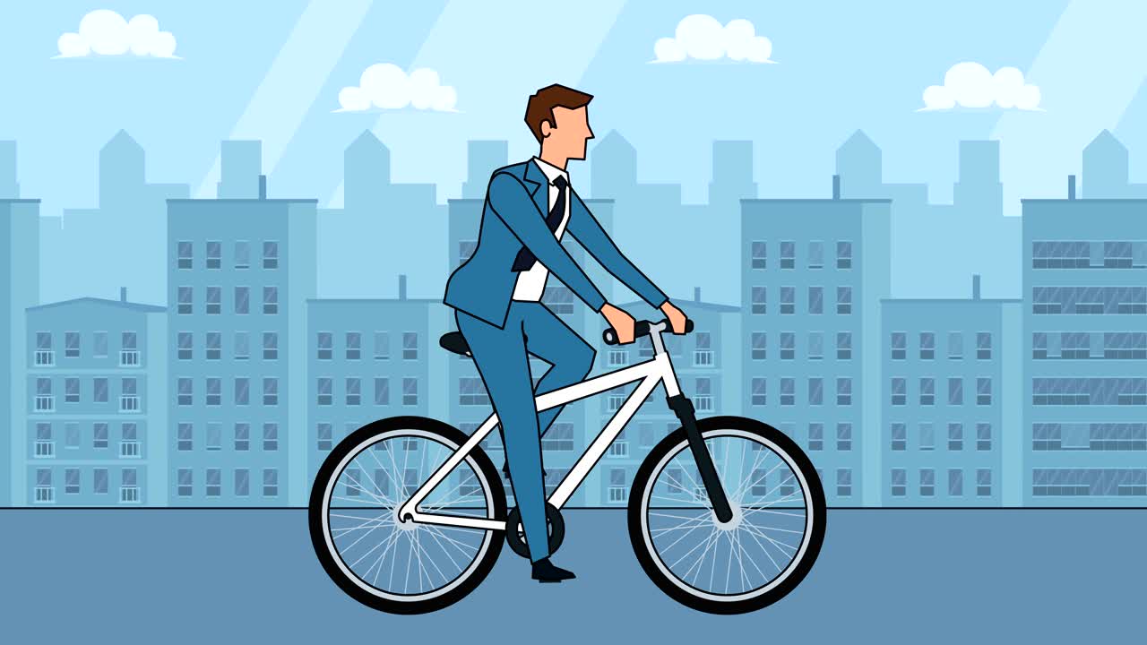 평평한 만화 사업가 캐릭터 자전거 타는 색 자전거 애니메이션