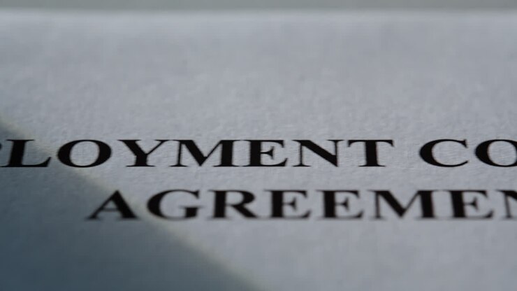Closeup employment contract agreement document. Detailed paper in daylight area