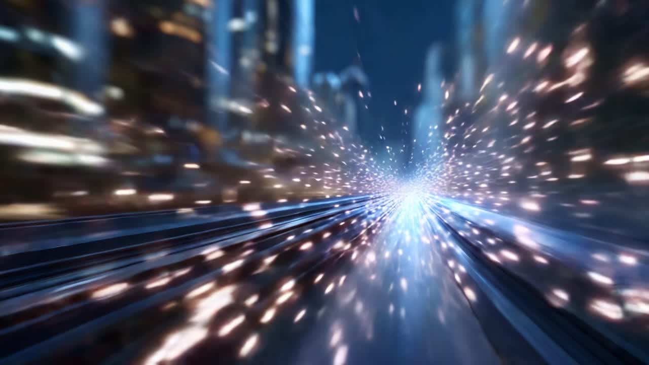 Movimento dinamico di luci e scintille catturato in ambiente urbano con luci della città sfocate; un viaggio nel tempo che rappresenta velocità, tecnologia e innovazione