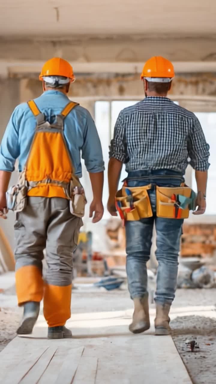 Two Construction Workers in Hard Hats Walking Away from a Renovation Site, Ready to Tackle Their Next Project Together