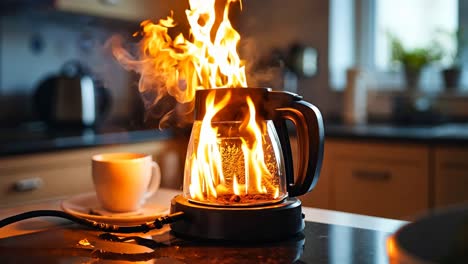 a coffee pot on a stove with a cup of coffee on it