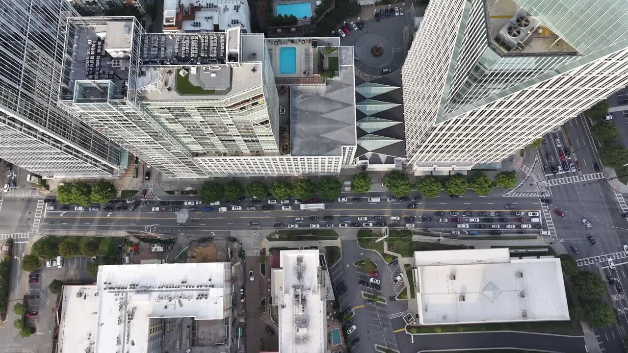 High-angle view of urban city street and skyscrapers, Air conditioner exhaust vents at skyline buildings rooftop, Buckhead, Atlanta, Georgia, USA