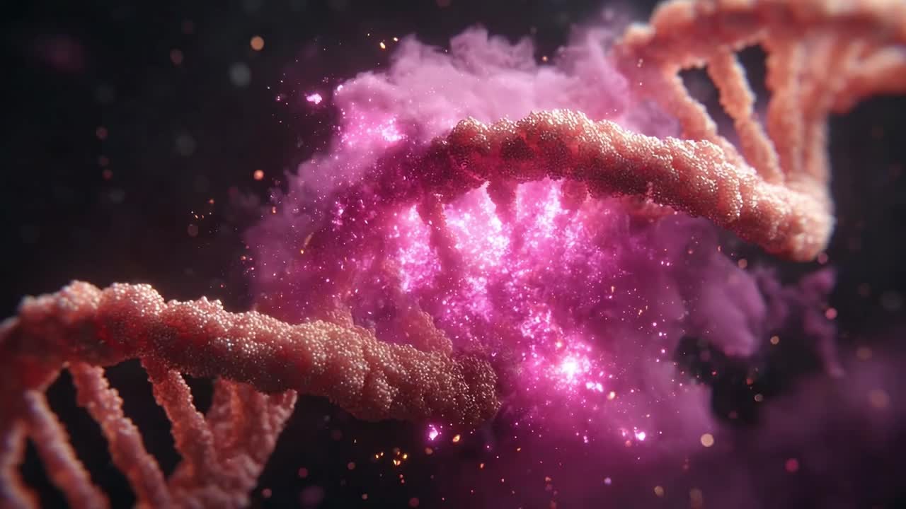 A Stunning Visualization of DNA Strands Intertwined with Cosmic Energy, Radiating a Beautiful Pink Glow amidst a Nebula-like Background, Capturing the Essence of Life and Genetics