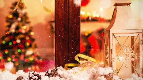 christmas decoration outside a window combined with falling snow