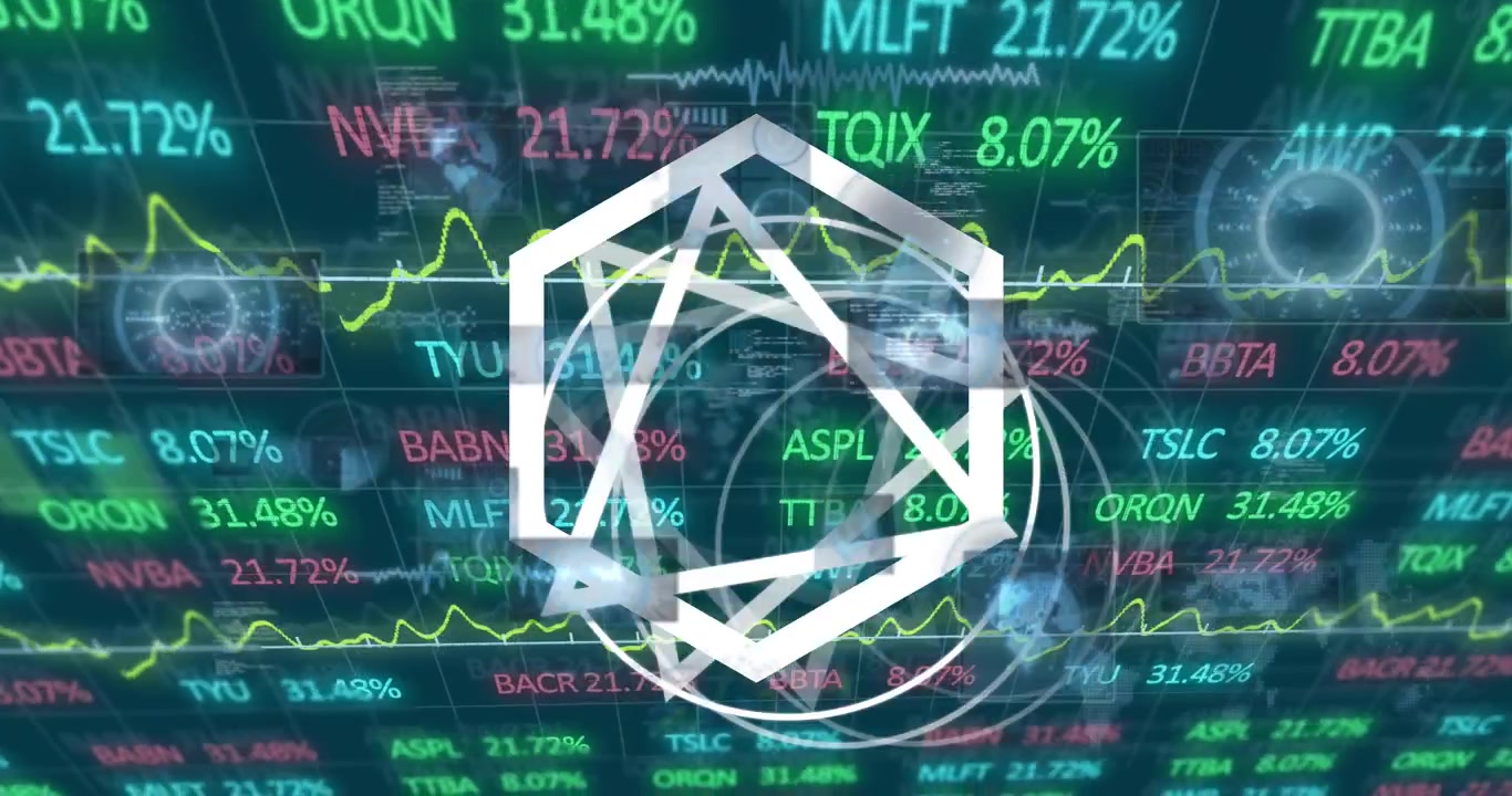 Animation of abstract geometric shapes spinning over stock market data processing and round scanners