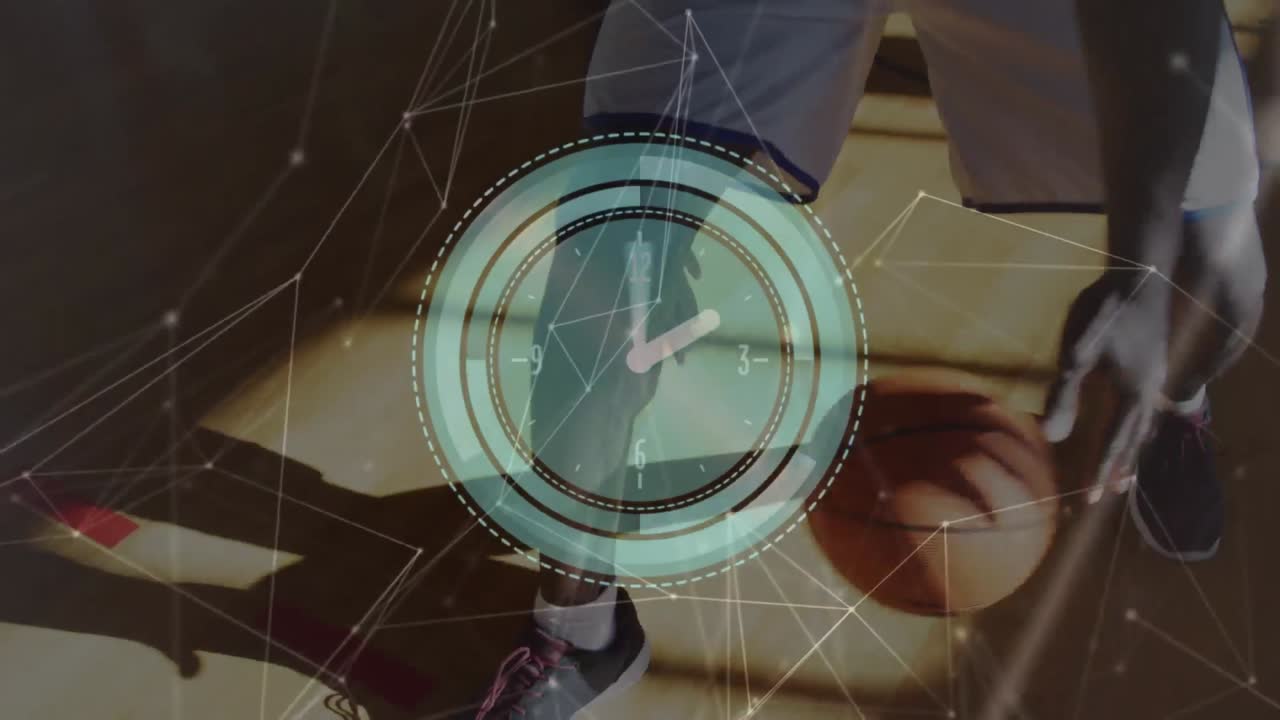 animación de la red de conexiones sobre el jugador de baloncesto masculino de raza mixta