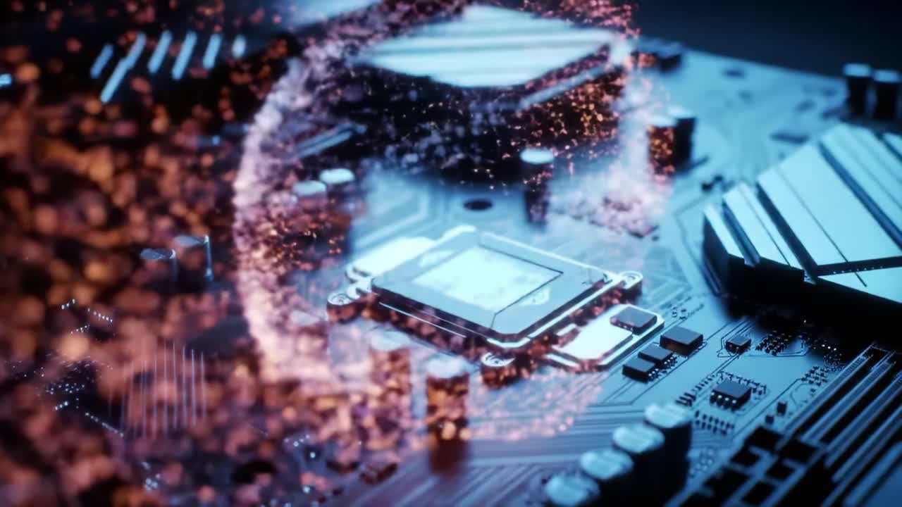 A Stunning Visual Exploration of a Computer Motherboard, Highlighting the Intricate Circuits and Dynamic Particle Effects to Showcase Modern Technology