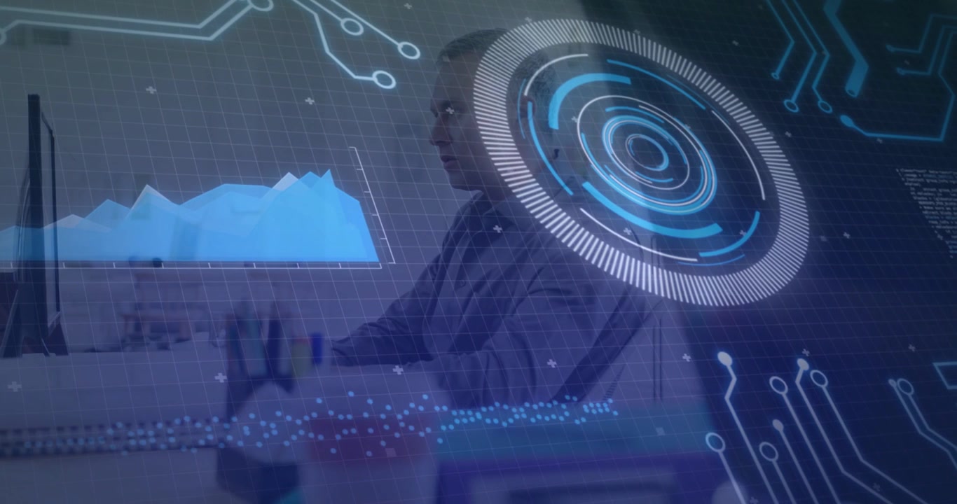 Male data analyst monitoring screen, live feed initiating animated charts, HUD pulsing for analysis