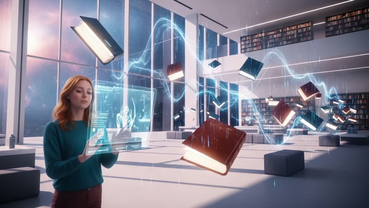 A Journey Through Knowledge: A Woman Interacts with Holographic Books and Digital Displays in a Futuristic Library Setting, Experiencing the Merging of Technology and Literature