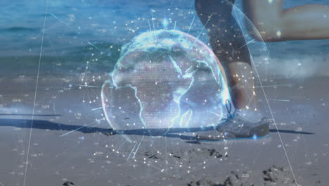 animation of globe with connections over caucasian woman running on beach by sea