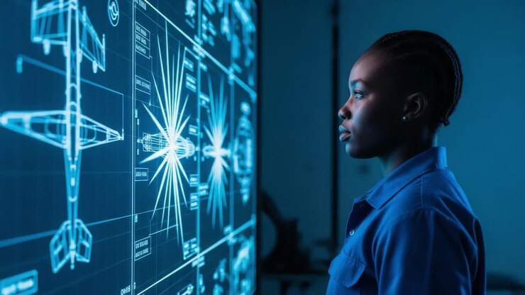 A focused individual analyzes intricate blueprints displayed on a high-tech screen, showcasing advanced aircraft designs and engineering details in a modern environment.