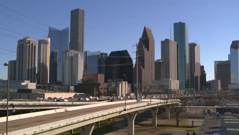 Low-angle-aerial-view-of-downtown-Houston