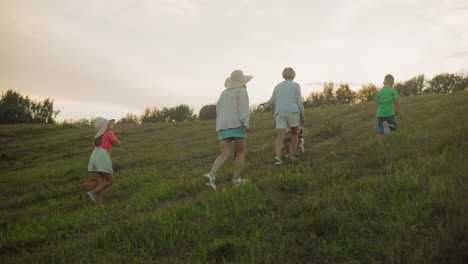 family taking a peaceful stroll on a grassy hill with their dog at sunset, enjoying nature, a young girl carries a wicker basket while others walk ahead