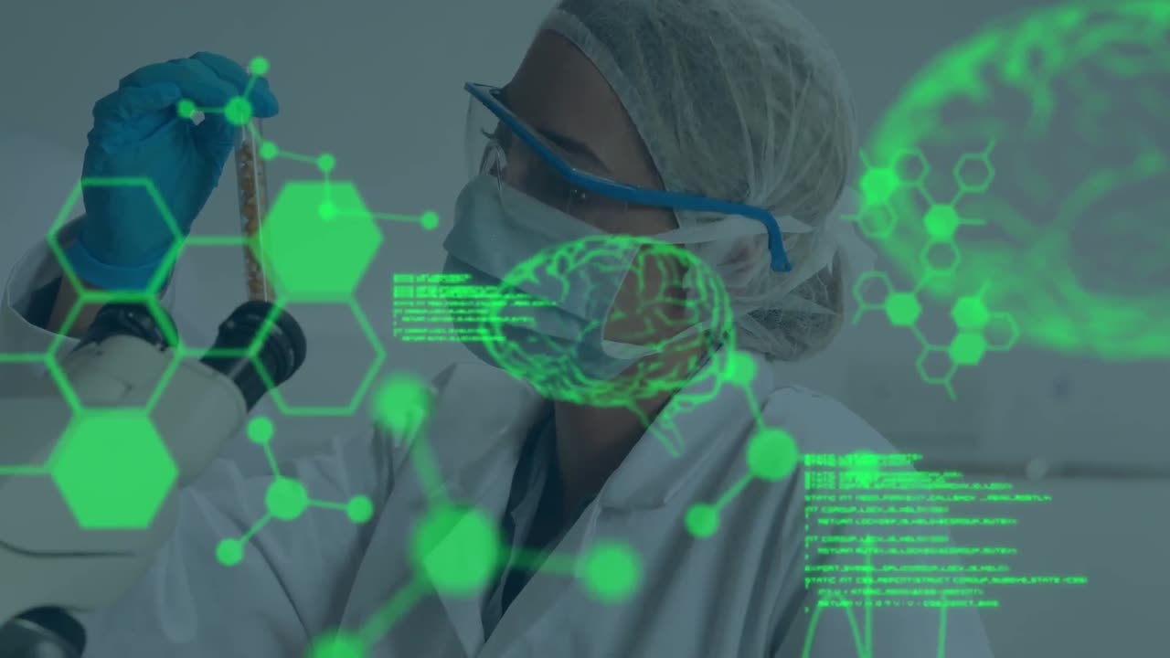 animación de cerebro digital, moléculas y procesamiento de datos sobre científico caucásico en el laboratorio