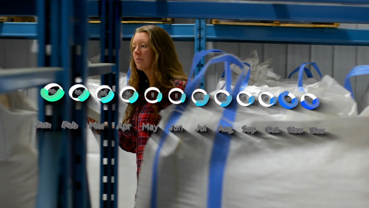 animación de gráficos sobre trabajadora caucásica en un almacén