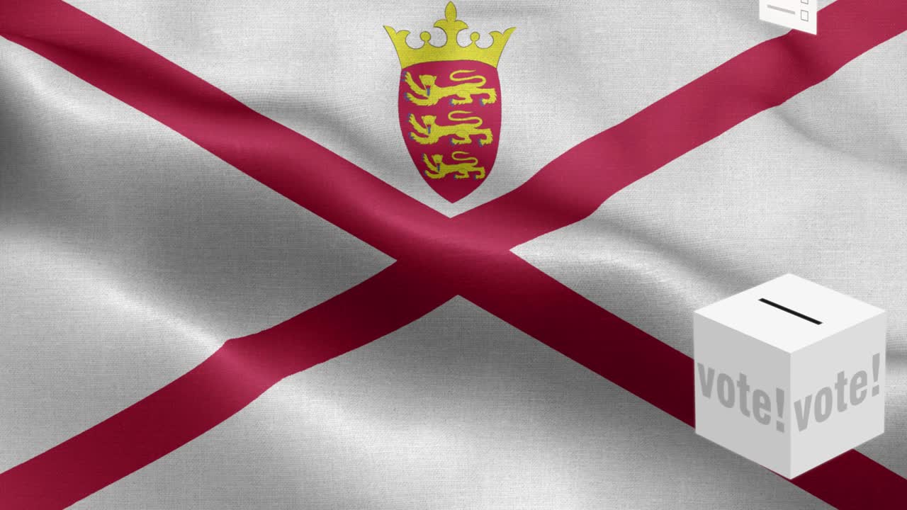 Ballots fly to box for Jersey selection - Ballot box in front of flag - Election - Vote - Flag Of Jersey - Jersey Flag High Detail - National flag Jersey wave Pattern loopable Elements - Fabric texture and endless loop