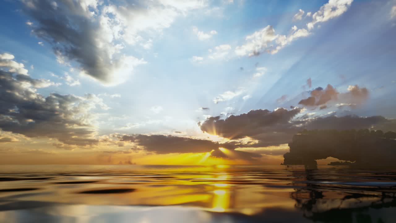 Underwater Part And Sunset Skylight Splitted By Waterline. Beautiful Clouds And Bright Sun Over Sea Water
