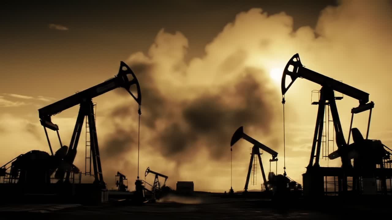 Industrial Landscape: A Contrasting View of Oil Pump Jacks Silhouetted Against a Dramatic Sky at Dusk, Symbolizing the Extraction of Natural Resources