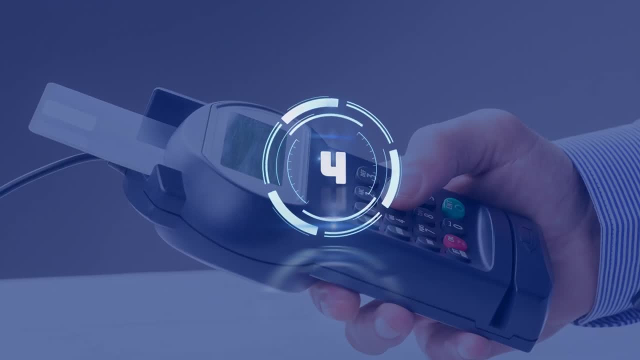 Animation of scope scanning with countdown over payment terminal
