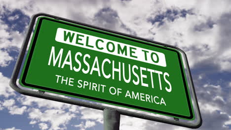 Willkommen-In-Massachusetts,-US-Staatsstraßenschild,-Slogan-„The-Spirit-Of-America“,-Realistische-3D-Animation