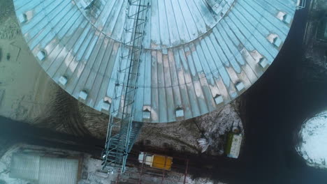 aerial view of grain silo in winter