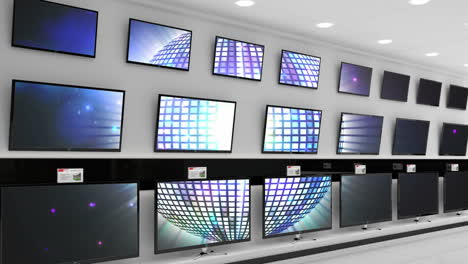 interior of electronics store with synchronized video playing on screens of multiple televisions