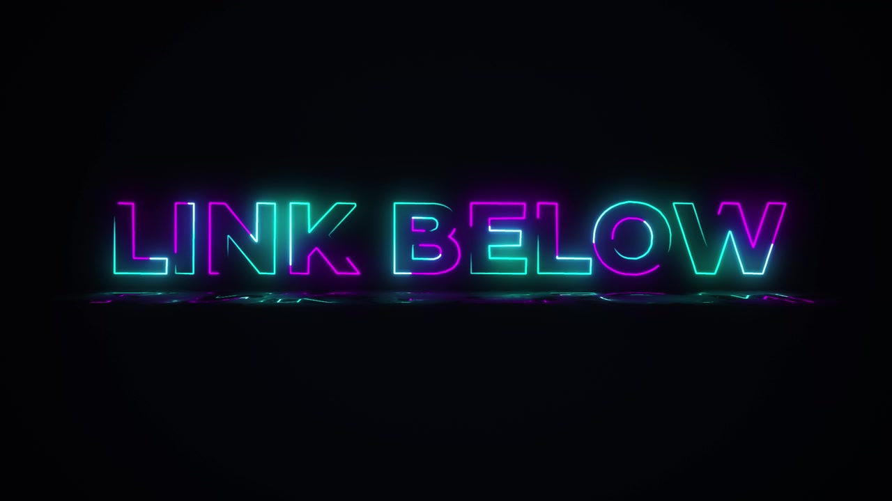 Flashing LINK BELOW electric green and pink neon Sign flashing on and off with flicker, reflection, and anamorphic lights in 4k.
