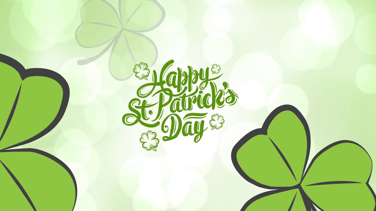 Animation of happy st patrick's day text and clover leaves over white spot lights on green