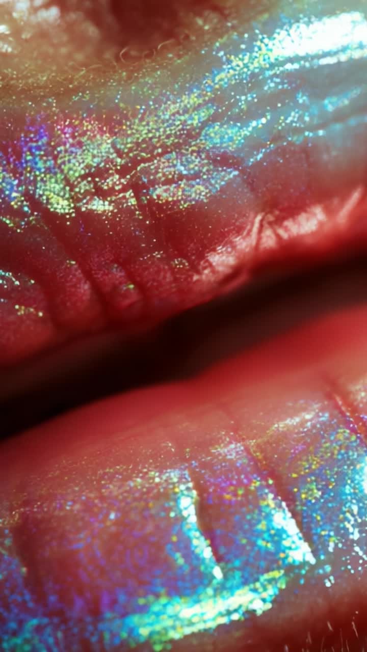 Close-up of Glossy Lips with Iridescent Hues Capturing Light in Stunning Detail, Highlighting Their Texture and Vibrant Colors in an Artistic Expression of Beauty