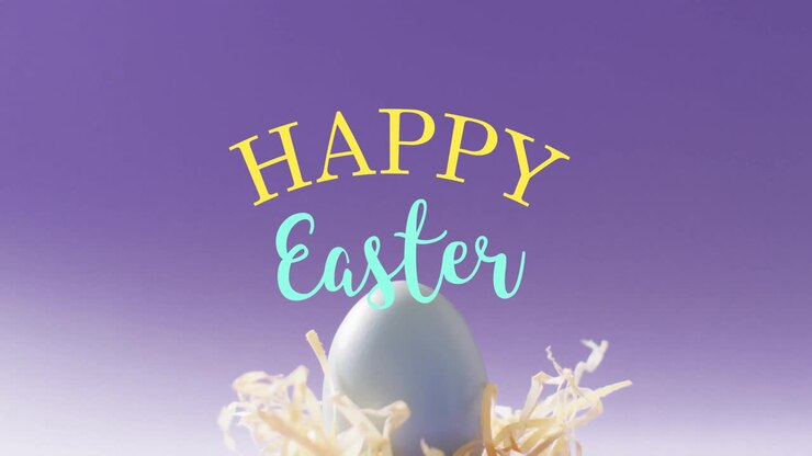 Animation of happy easter text over blue easter egg in hey on purple background
