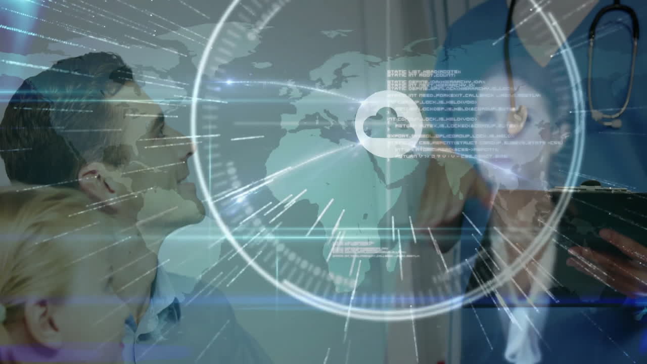 Healthcare professional interacting with patient, animation of digital data and world map