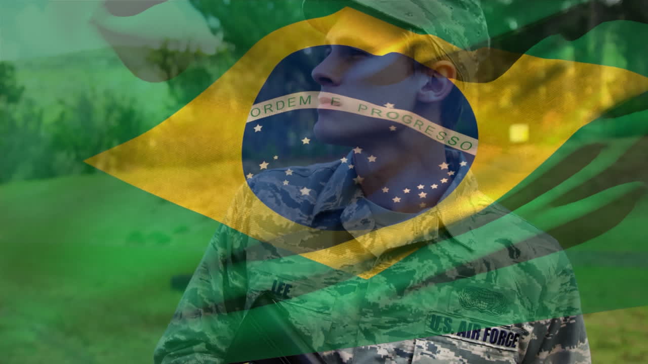 animación de la bandera de brasil sobre el soldado caucásico