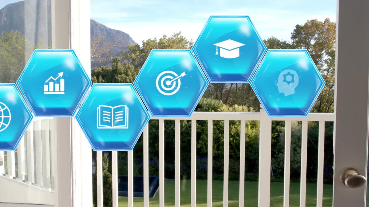 Glass door opening, translucent hex tiles popping, linking and drifting left to showcase icons