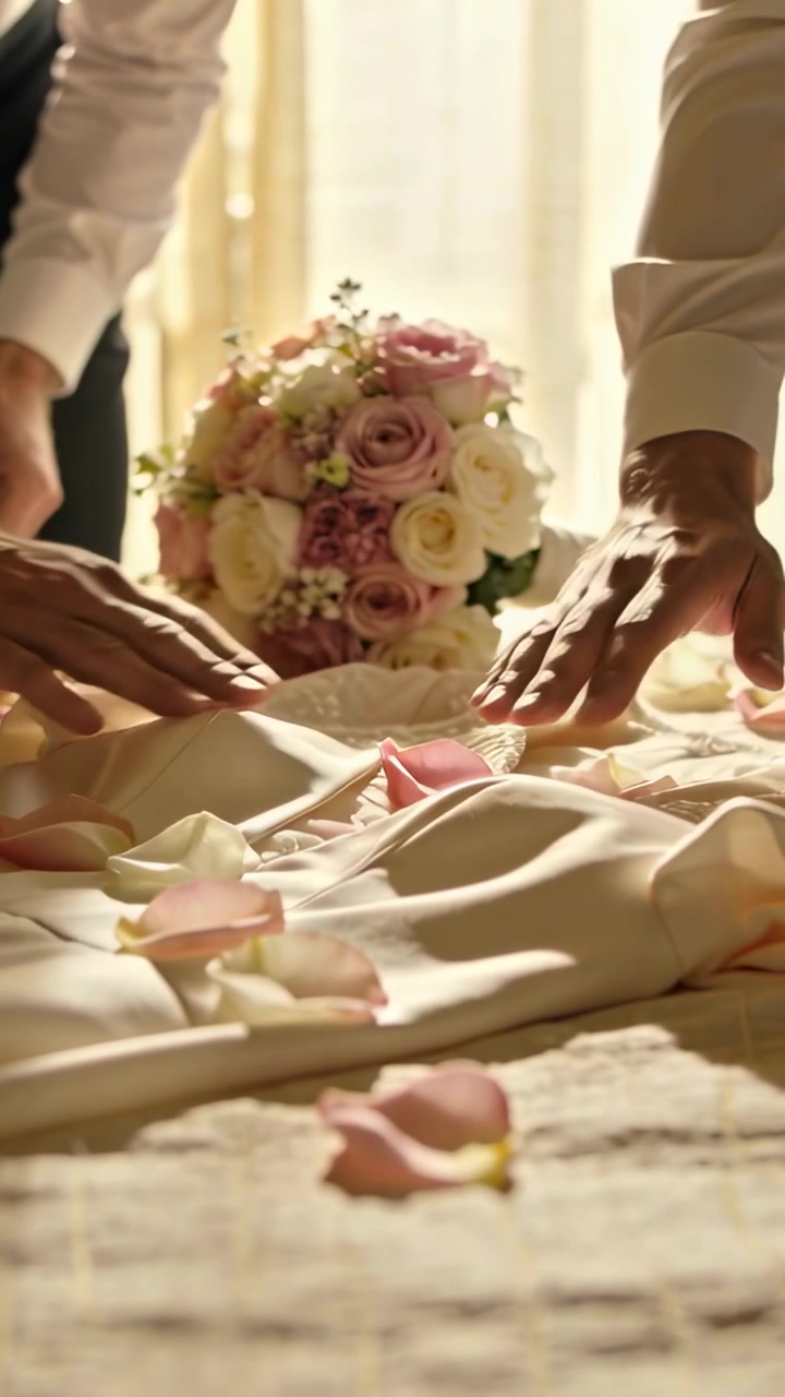 Vertical video: Reaching vested, white-sleeved hands placing posy, smoothing satin, styling bouquet