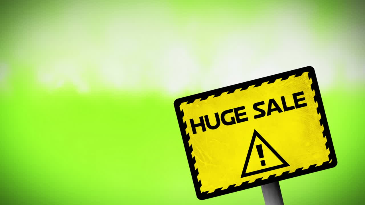 초록색 배경에 연기 효과에 대한 표지판에 거대한 판매 텍스트와 경고 기호