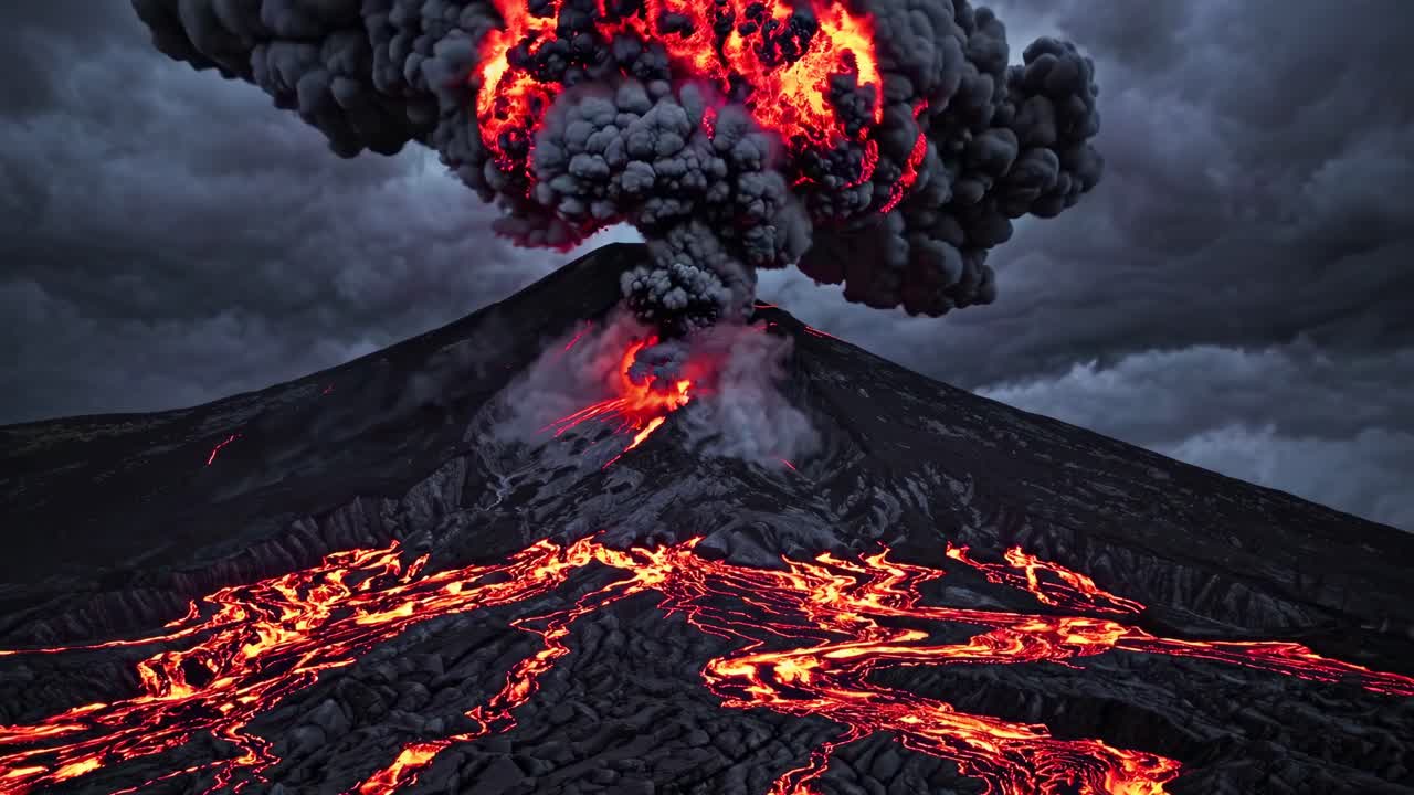 Dramatic aerial video of an erupting volcano, capturing flowing lava and thick smoke under stormy