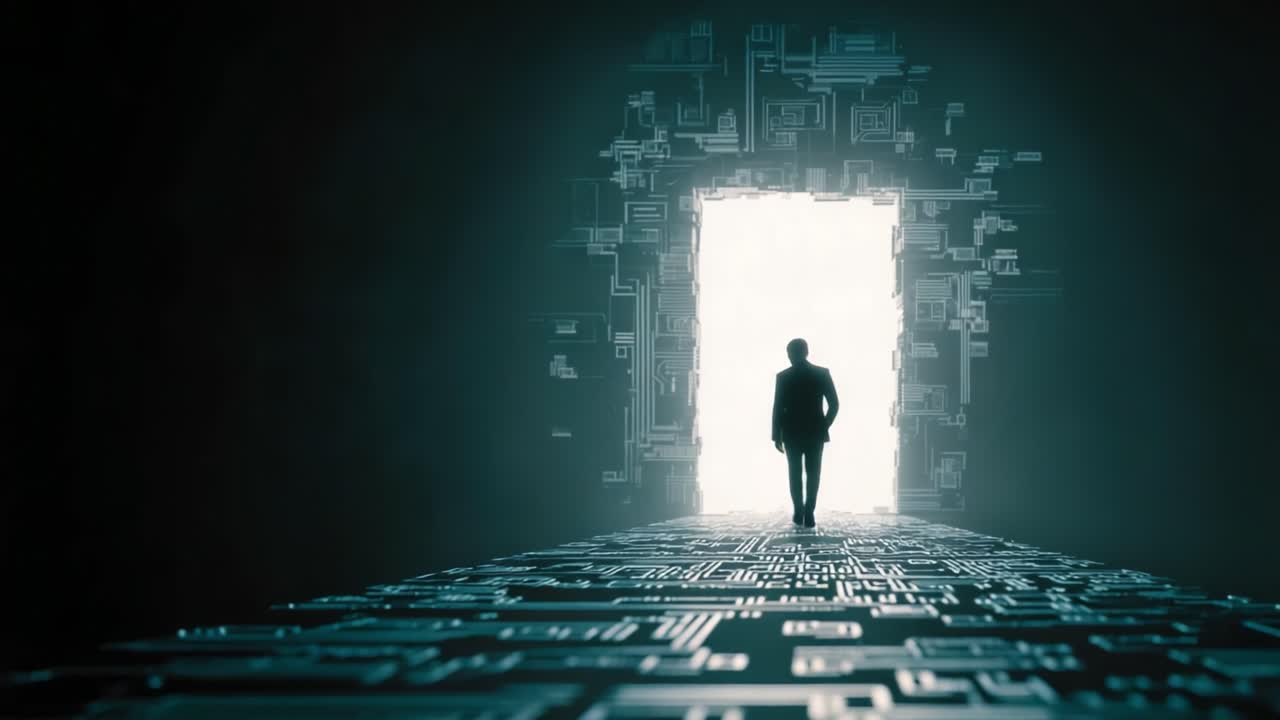 A solitary figure walks towards a bright exit, symbolizing the journey from darkness into light while navigating a digital landscape of intricate patterns and circuits