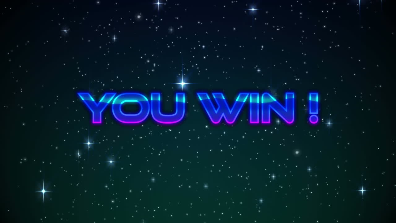 파란색 배경에 빛나는 별 위에 텍스트를 이기는 디지털 애니메이션