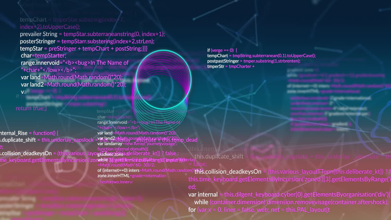 Animation of network of digital icons and data processing against gradient background