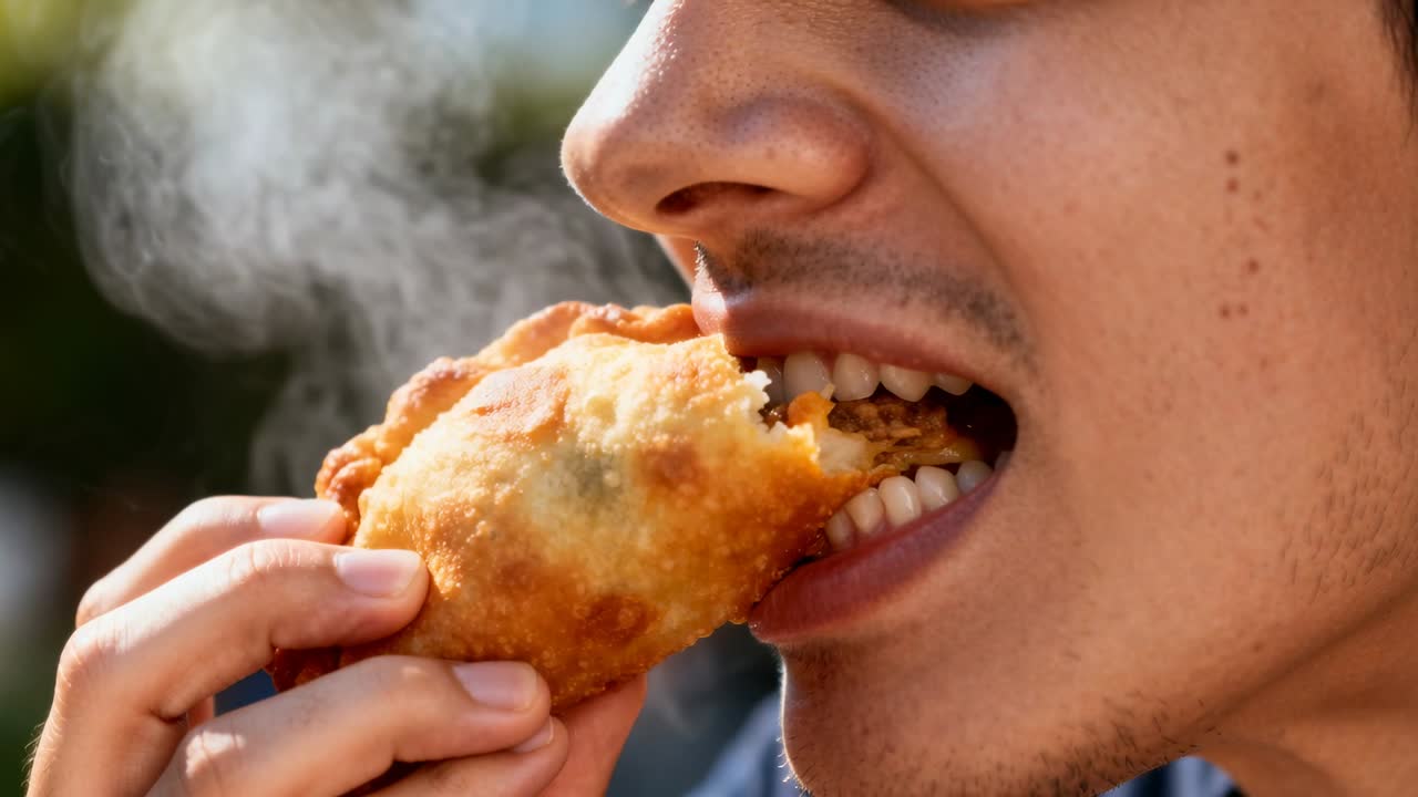 Llevando un pastel a la boca, un hombre muerde y mastica en un parque, saboreando un relleno salado humeante, con una camisa azul marino.