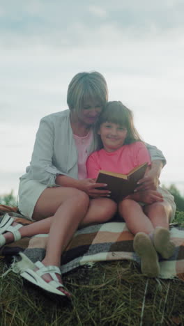 una mujer de mediana edad con una chica de camiseta rosa comparten un momento íntimo leyendo en una bala de heno, abrazándose cálidamente bajo el vasto cielo de un campo abierto