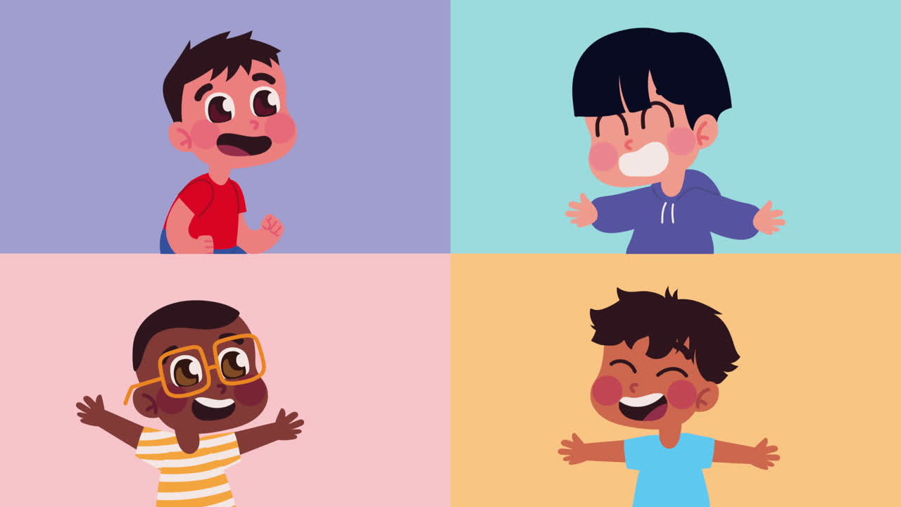 cuatro personajes de niños felices.