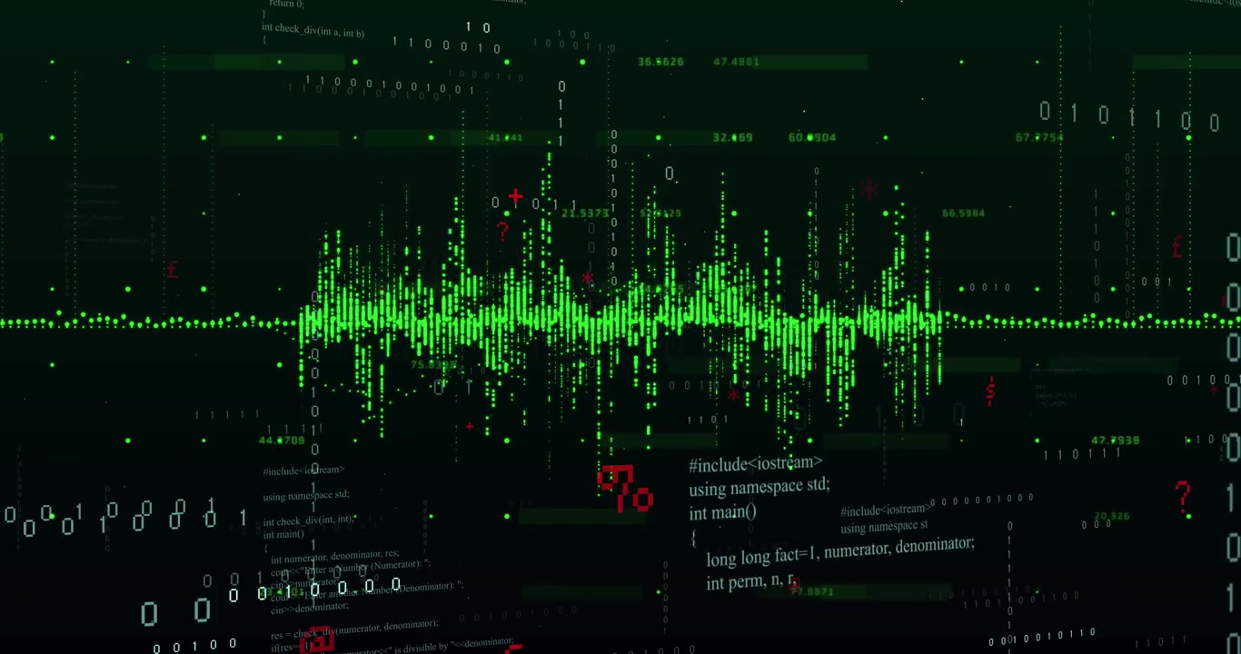 Neon-green waveform growing and pulsing after data spike, merging with code panels to show detail