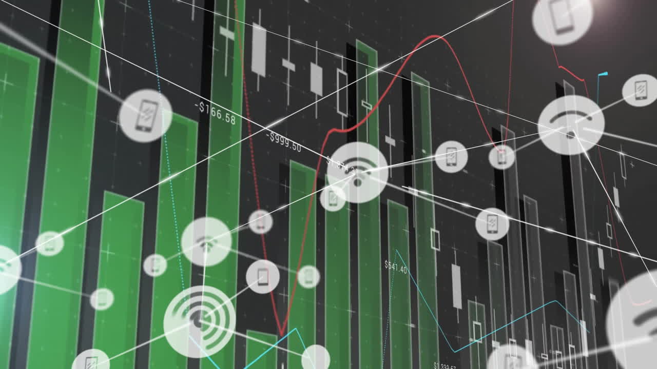red de conexiones y animación de procesamiento de datos sobre gráficos financieros