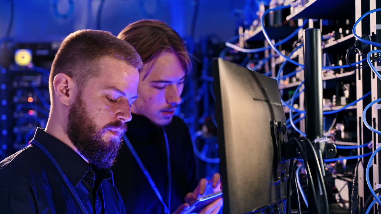 Two men analysing data in a server room