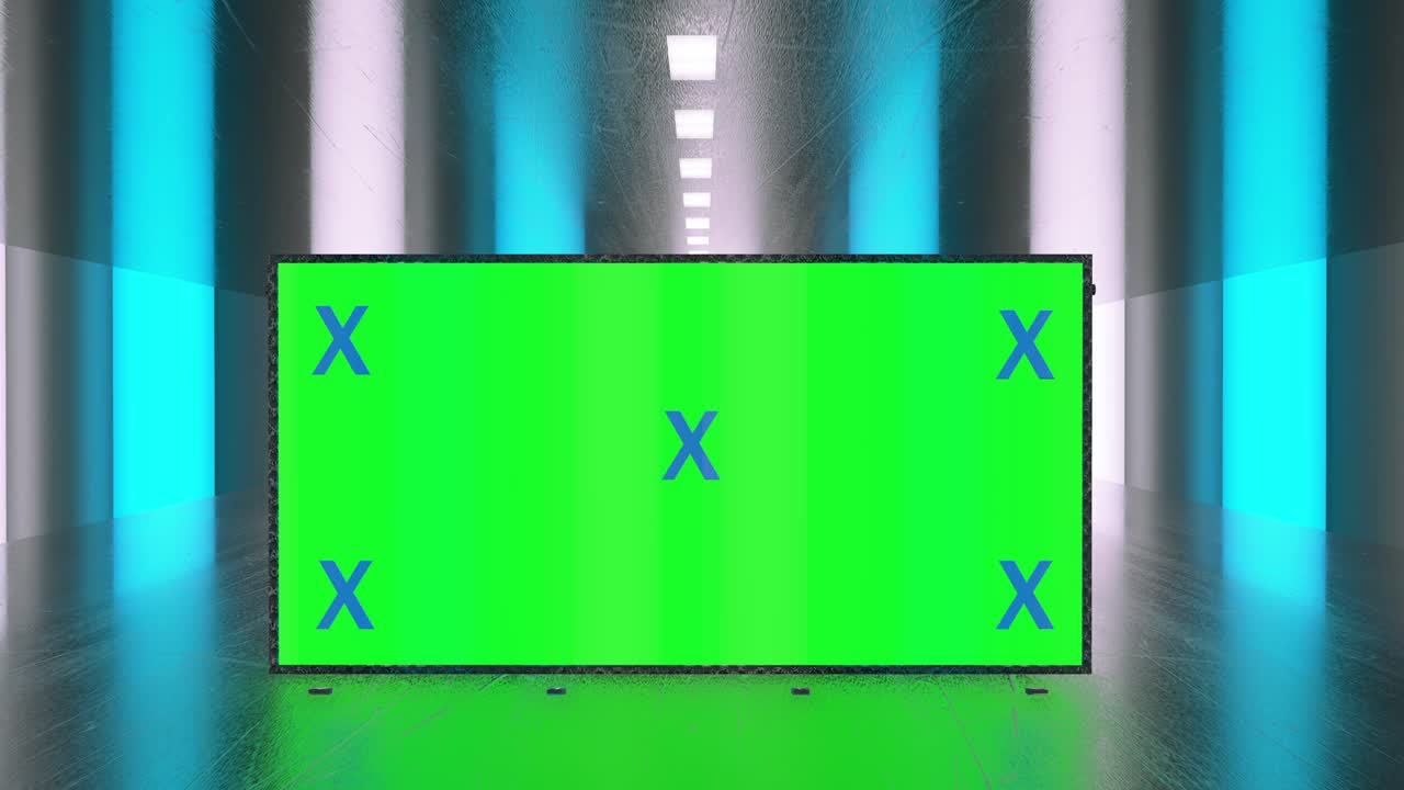 추상적인 크리에이티브 터널 및 그린 스크린 알파 채널 광고판 모형: 네온, 파란색 보라색 led 바 및 기술, sf, 미래의 사이버 크, 빈 프레임으로 3d 렌더링