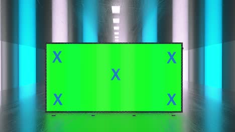 abstract creative tunnel and green screen alpha channel billboard mock up. neon, blue purple led bars and technology, sci fi, futuristic cyber punk 3d rendering with blank frame.